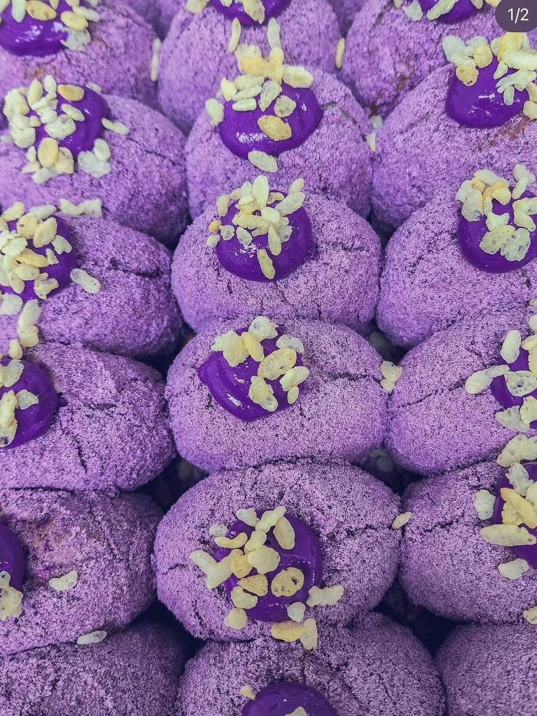 A tray of ube polvoron donuts