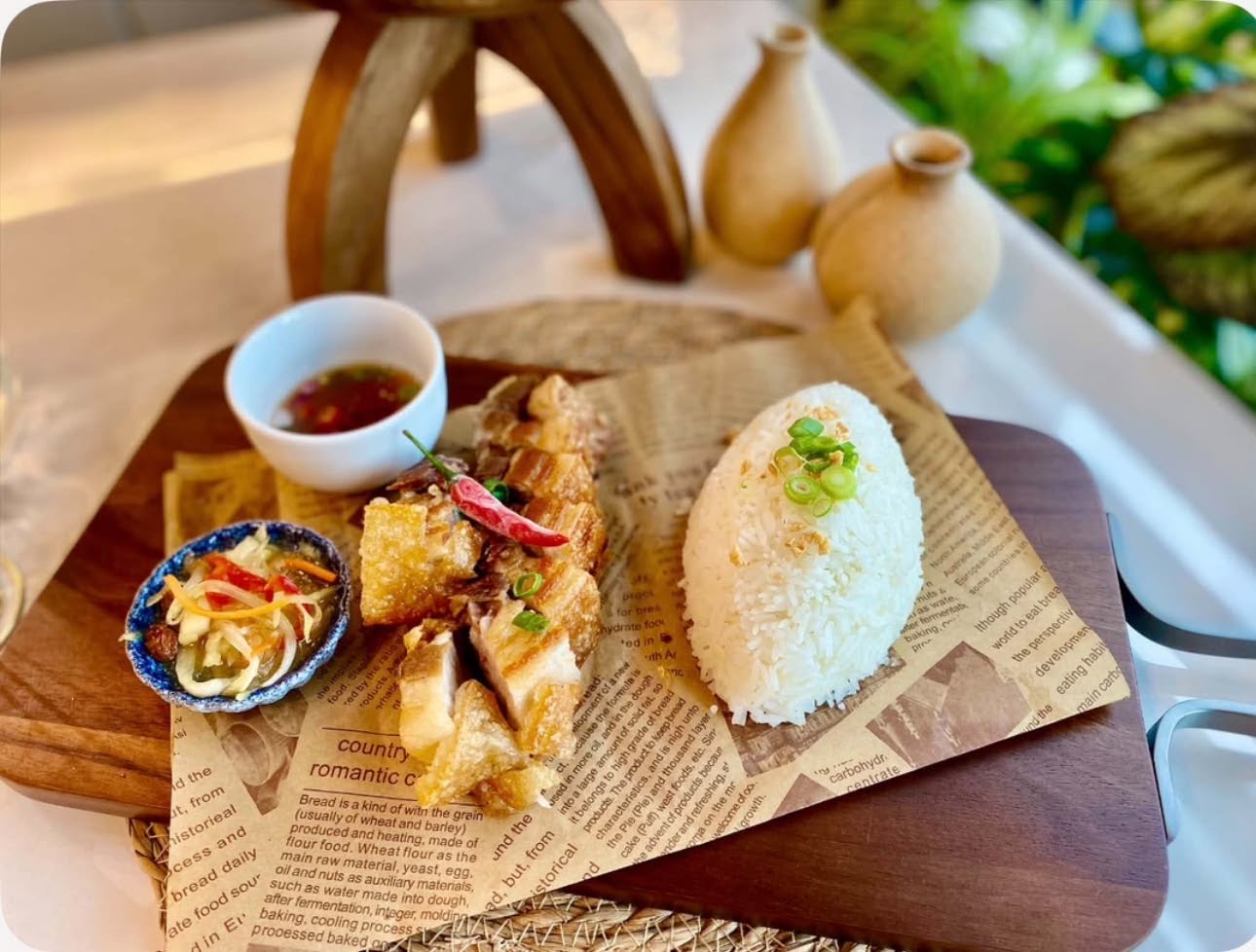 Lechon kawali with garlic rice, atchara and spiced vinegar