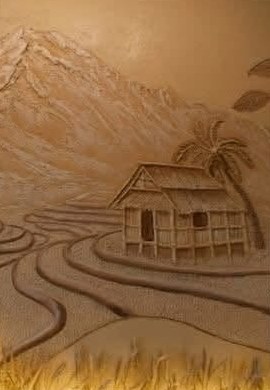 The sculpted plaster mural of a nipa hut and rice terraces inside Elio's