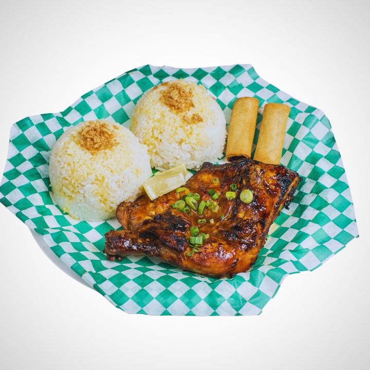 Chicken inasal with spring rolls and garlic rice